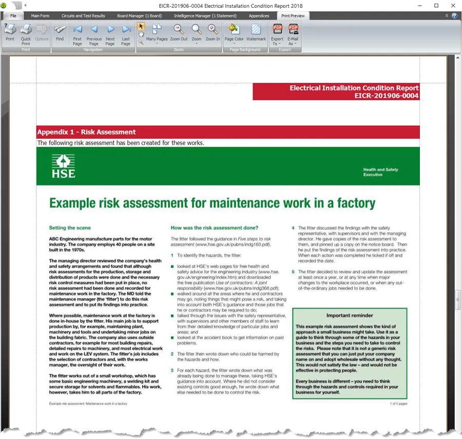 Preview of an appendix with attachments in a printed certificate