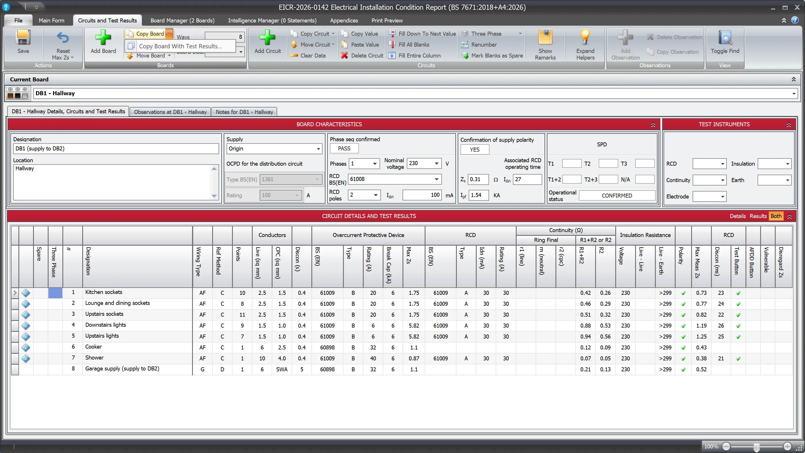 Screenshot showing the Copy Board button's drop-down menu with Copy Board With Test Results