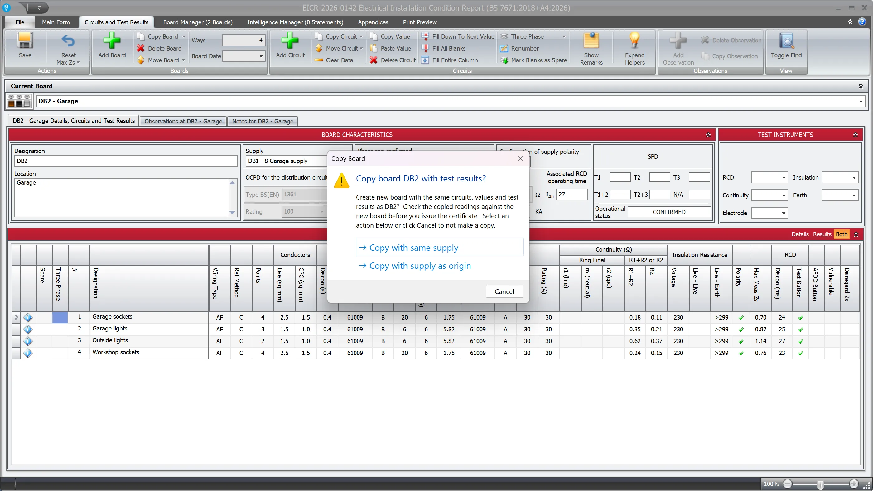 Screenshot showing the Copy Board dialog asking to copy board DB2 with test results