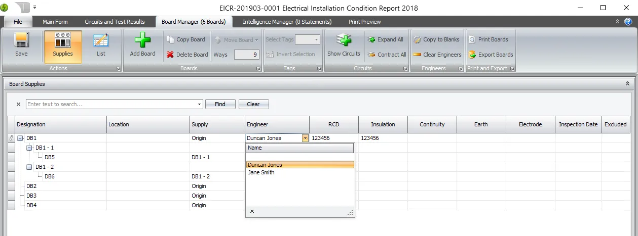 A screenshot of the Board Manager showing editing engineer and instrument details.
