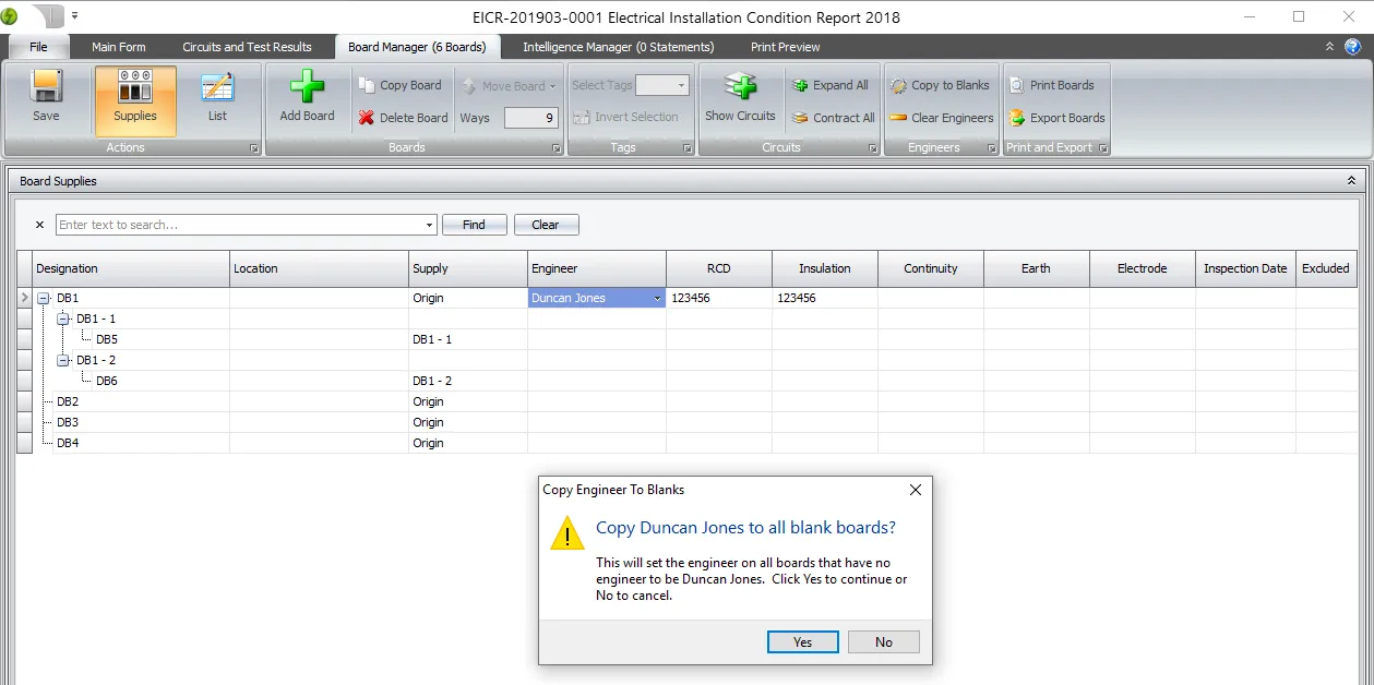 A confirmation dialog showing the Copy to Blanks feature in the Board Manager.