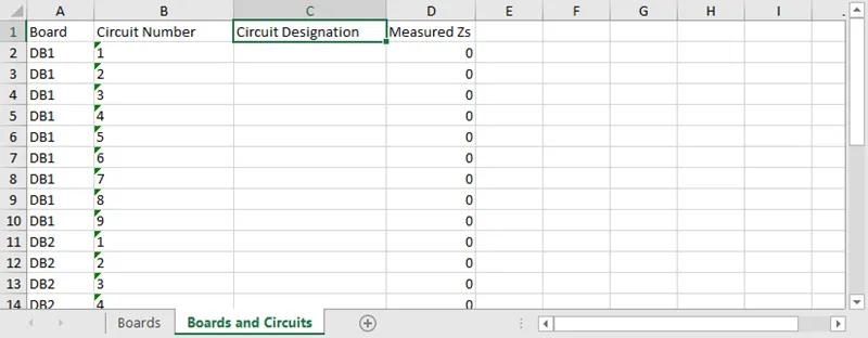 Excel sheet listing exported circuits, showing circuit names, descriptions, and other details