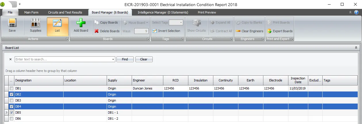 A screenshot of the list view in the Board Manager with multiple boards selected.