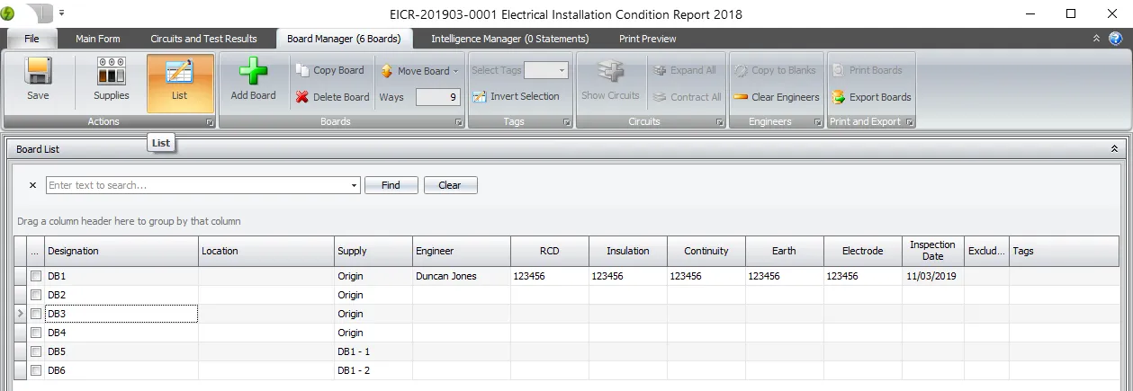 A screenshot of the list view in the Board Manager, showing boards as a plain list.