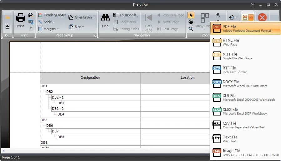 Preview screen for exporting boards, showing options for different file formats including Excel