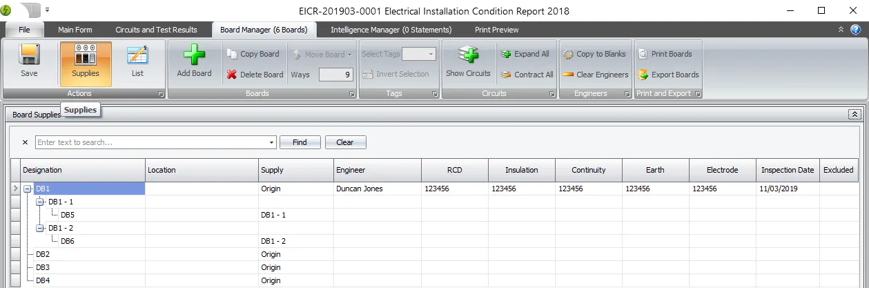 A screenshot of the supplies view in the Board Manager, showing boards connected in a tree structure.