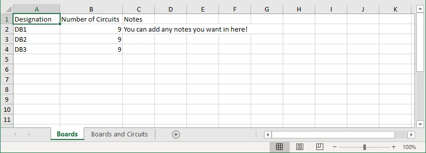 Excel showing exported board notes, including board names and notes