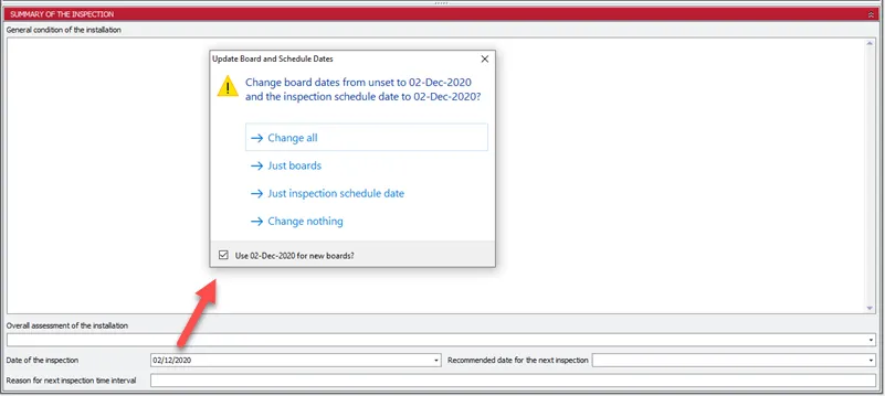 Screenshot showing the confirmation dialog when updating the date of inspection