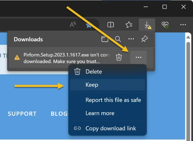 Microsoft Edge menu with the 'Keep' option