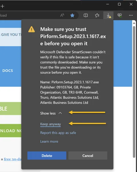 Microsoft Edge 'Show more' and 'Keep anyway' options