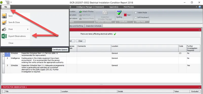 Export Observations option in the ribbon within the File menu