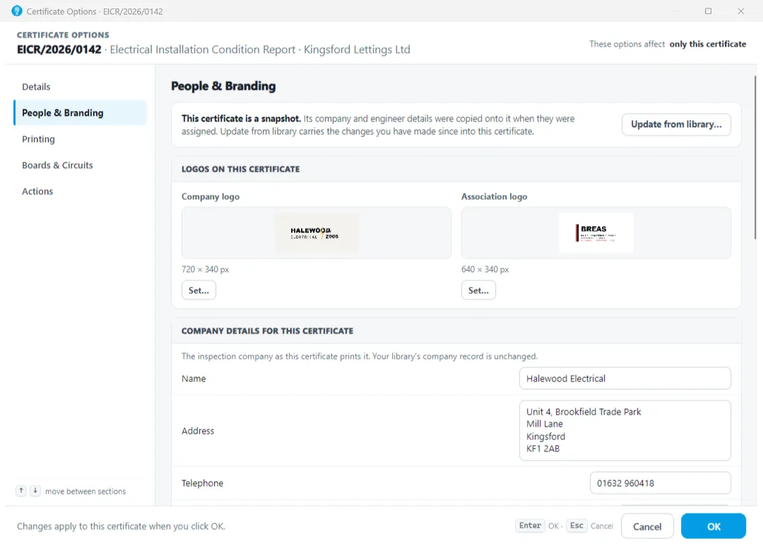 Screenshot of the Certificate Options dialog with customizable settings