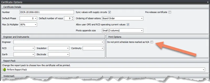 A screenshot of the certificate options screen in Pirform, showing settings to exclude schedule items.