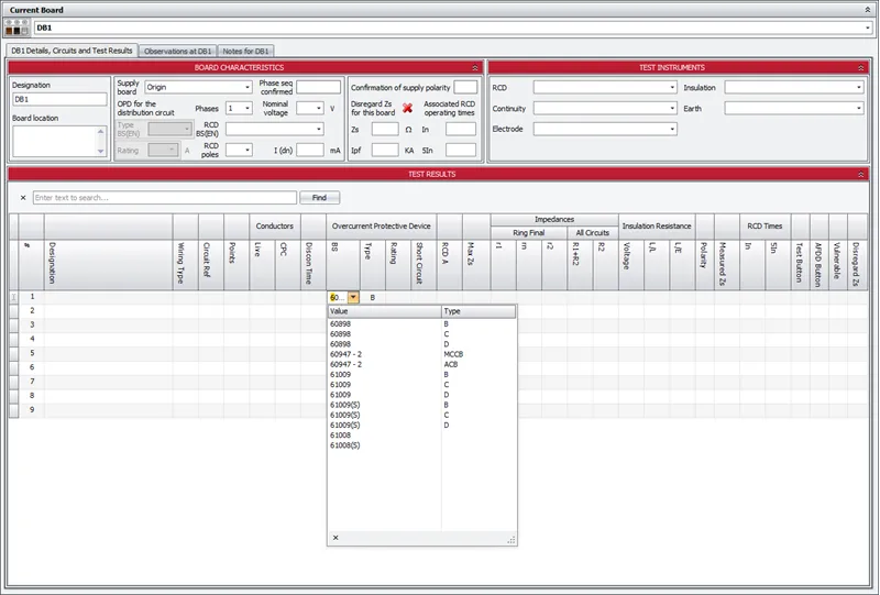 Image showing a dropped-down list in the circuit and test results grid, with an example selection of a value starting with "6".