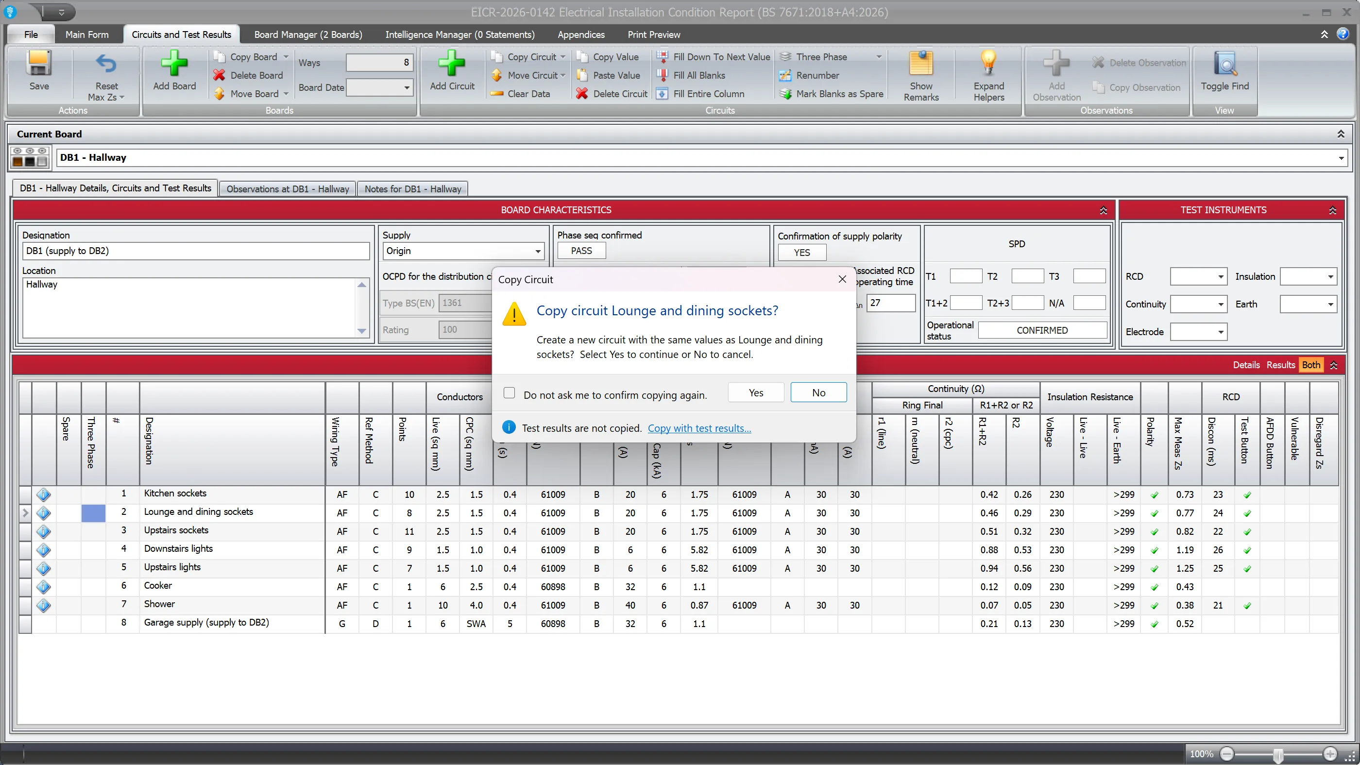 Screenshot showing the Copy Circuit dialog with the Copy with test results link