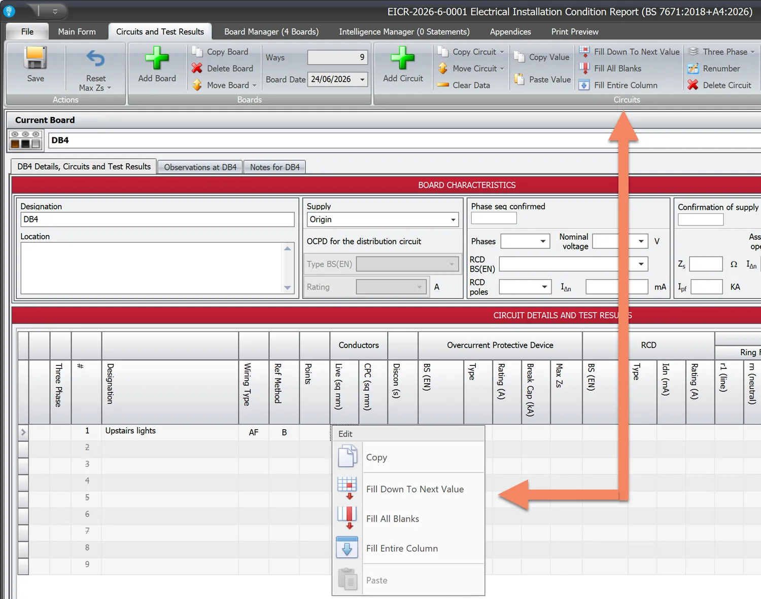 Screenshot showing the menu to copy and paste circuit values in Shine Forms