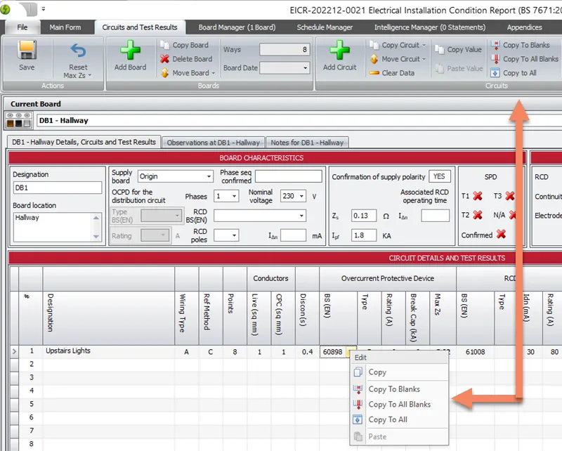 Screenshot showing the menu to copy and paste circuit values in Shine Forms