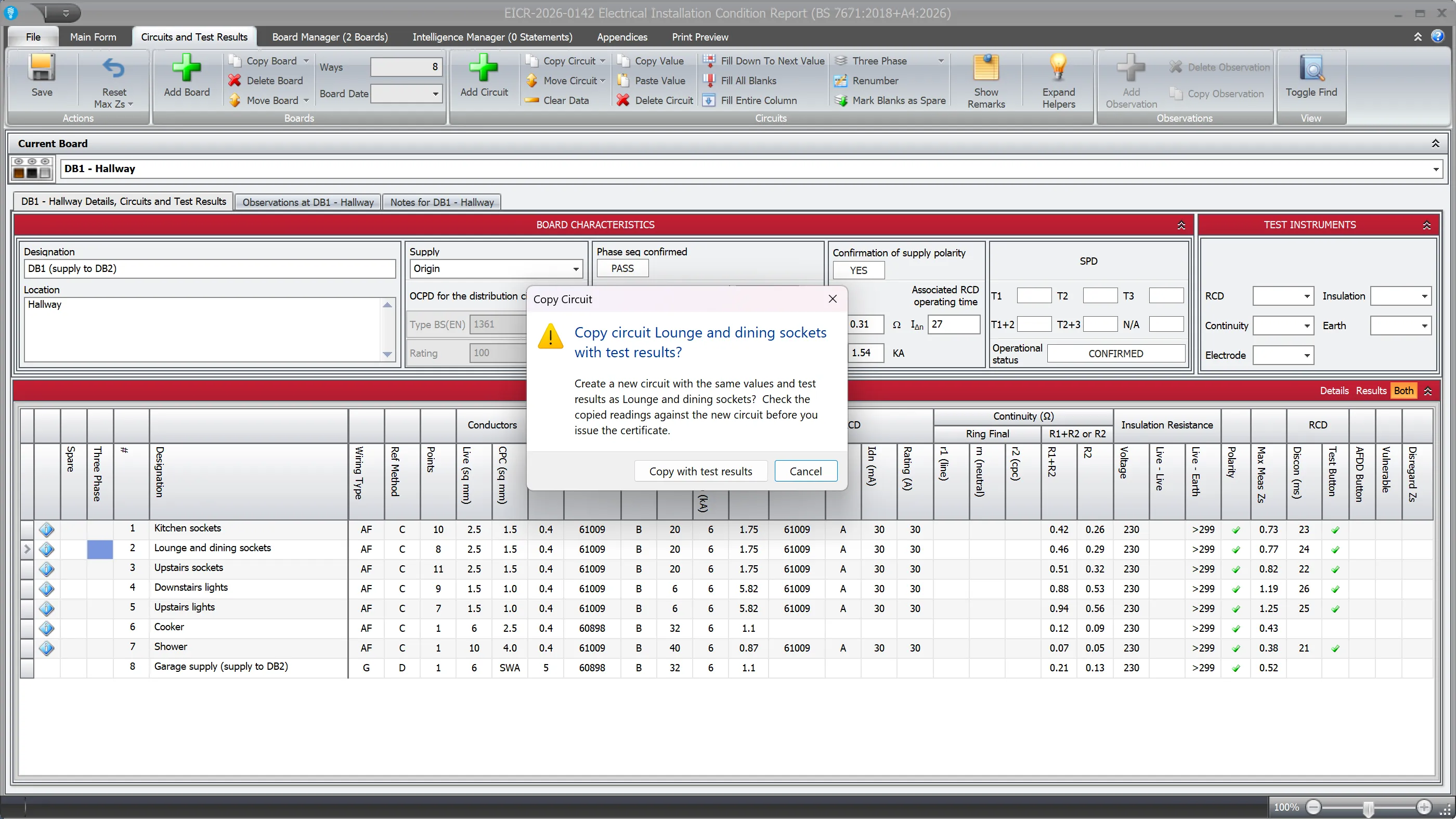 Screenshot showing the Copy Circuit dialog asking to copy the circuit with test results