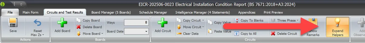 A screenshot showing Circuit Helper Expand Helpers button in Shine Forms' ribbon