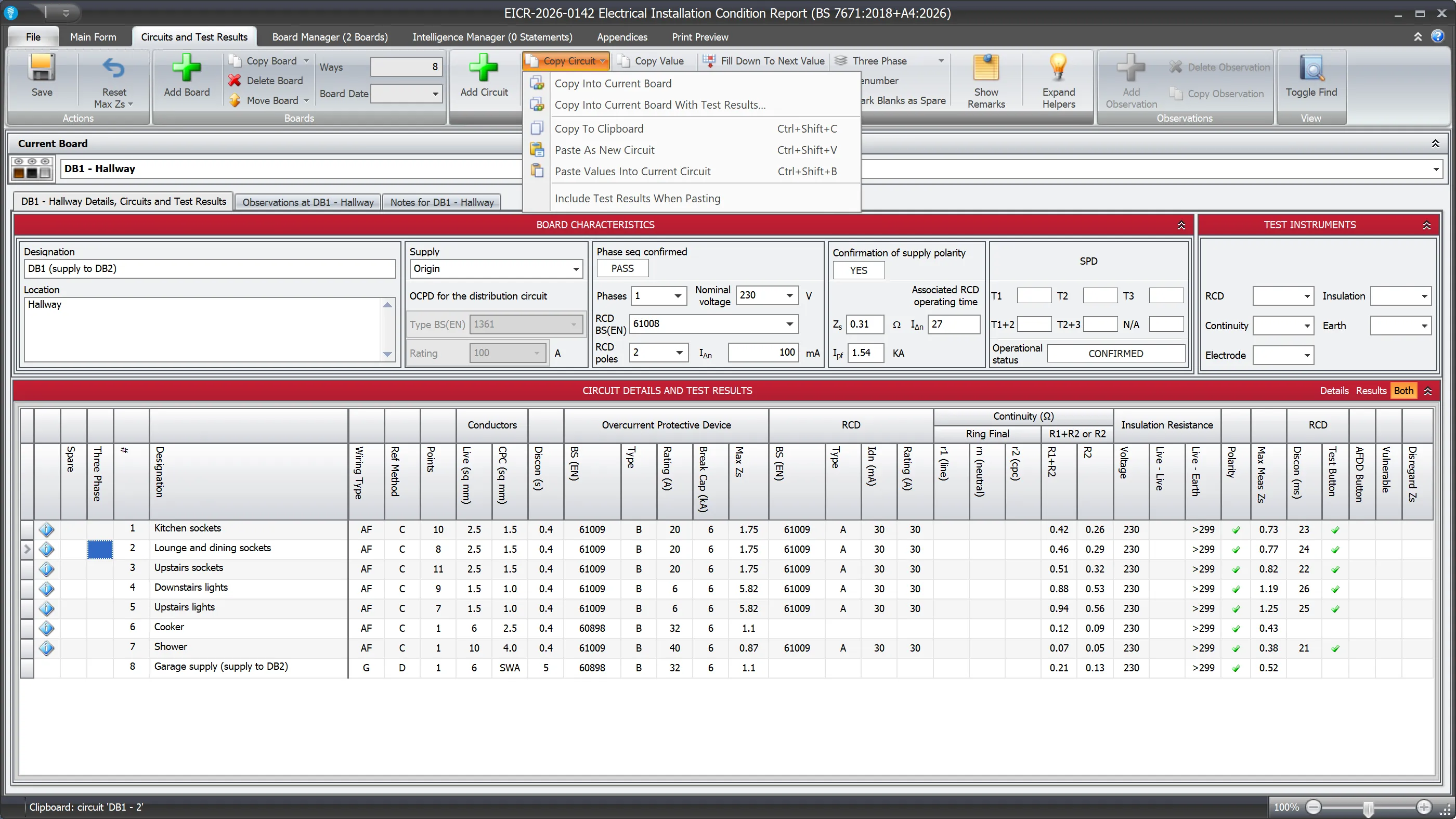 Screenshot showing the Paste Circuit options in Shine Forms