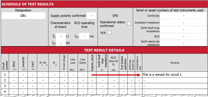 PDF screenshot showing circuit remarks in the remarks section