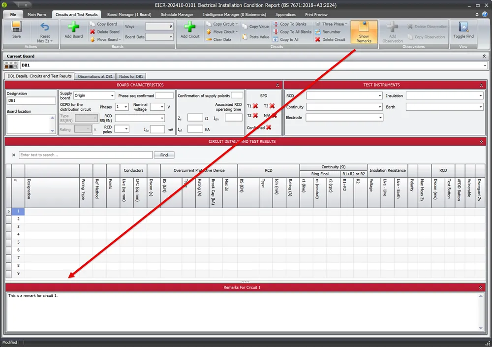 Screenshot highlighting how to add circuit remarks in Shine Forms