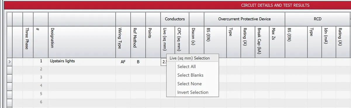 Screenshot showing the cell selection menu after right-clicking the circuits headings