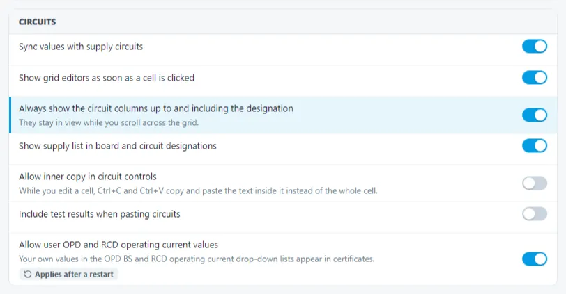The boards and circuits section of the main options dialog