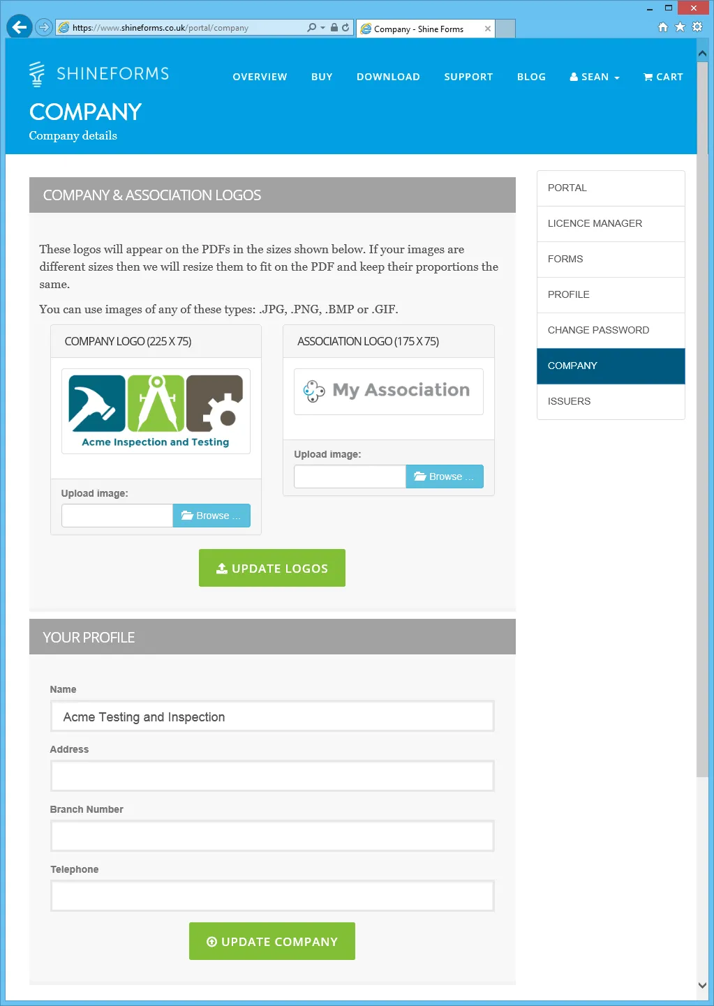Screenshot of the company information section in Shine Forms