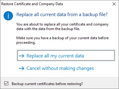 Confirmation dialog for restoring certificates from a backup.