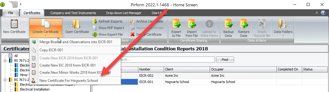 Screenshot showing the option to create a certificate for a customer