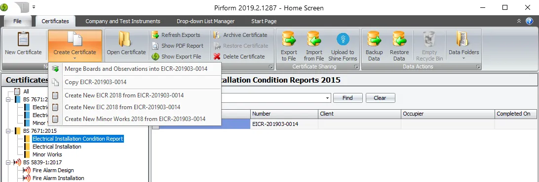 Screenshot of the create certificate screen showing available options