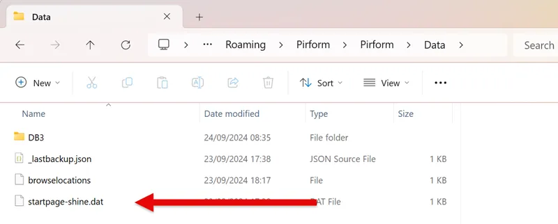 Data folder displaying the startpage-shine.dat file