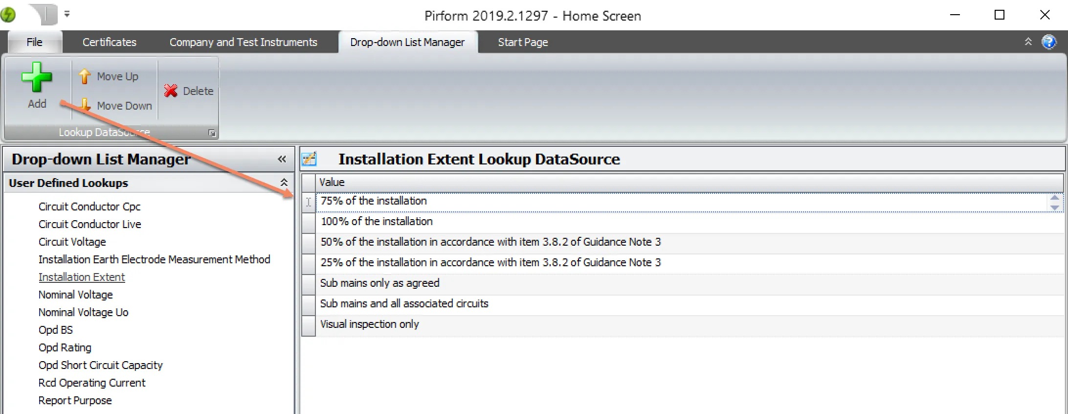 The Pirform ribbon showing the button that adds a value to a drop-down list