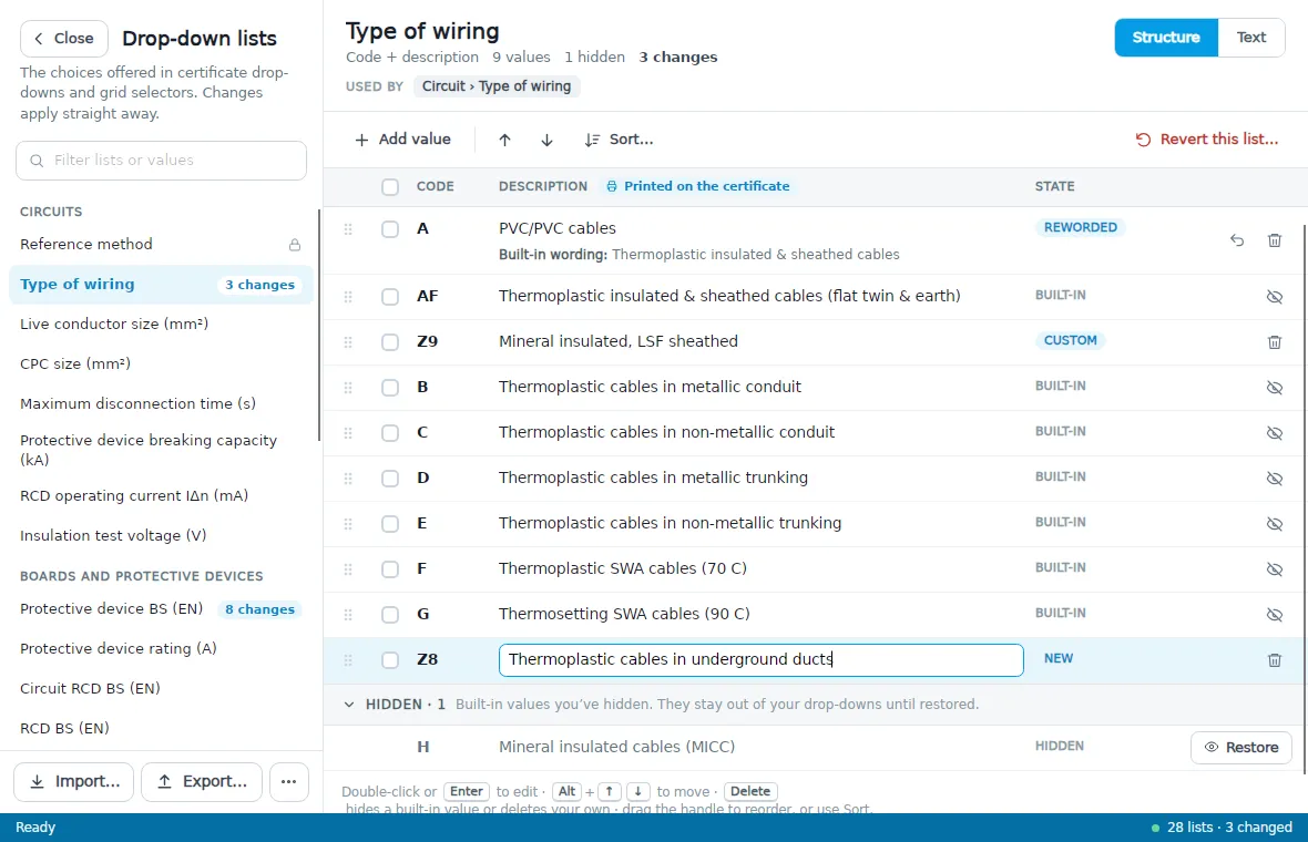 A new wiring type being added at the end of the Type of wiring list