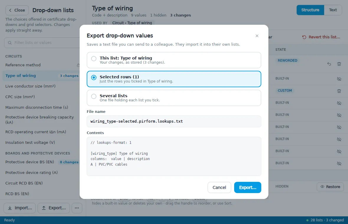 The Export dialog with the Selected rows option chosen