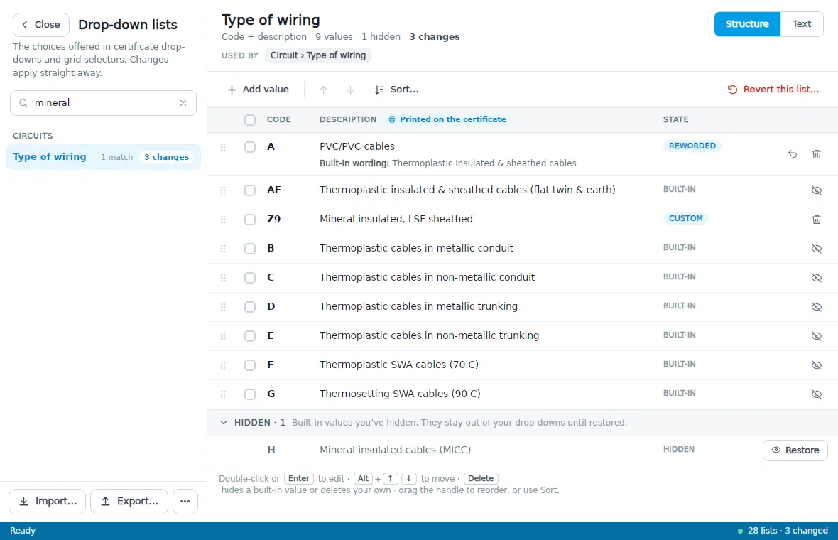 The navigator filtered to the lists that contain the word mineral