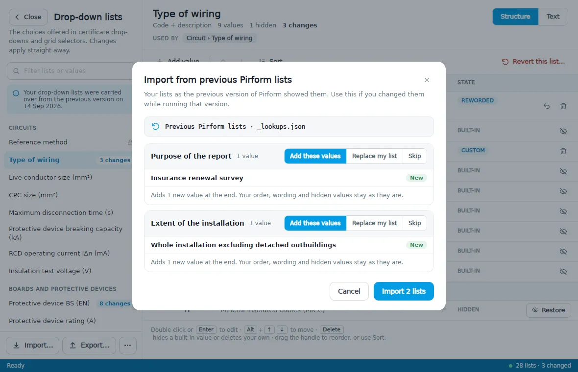 The Import from previous Pirform lists dialog