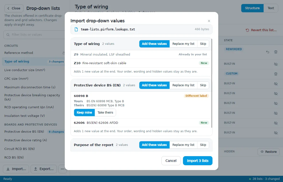 The Import dialog showing new values, a value already in the list and a different label