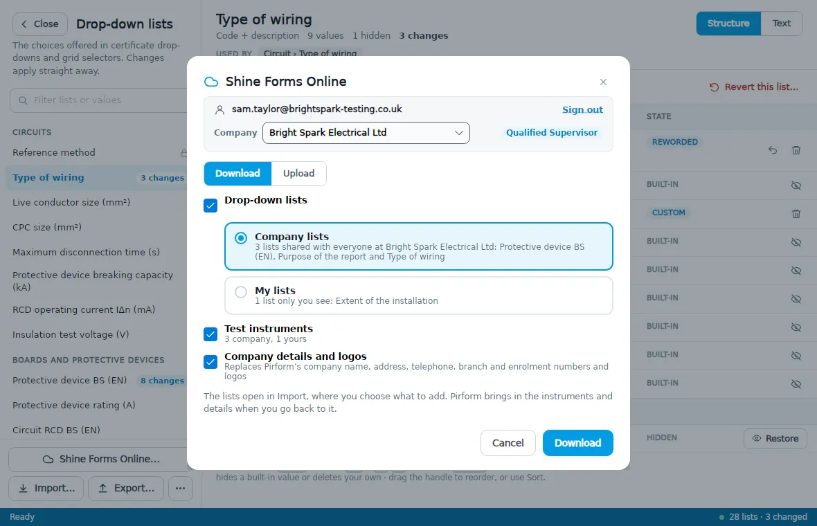 Downloading lists, test instruments and company details from Shine Forms Online