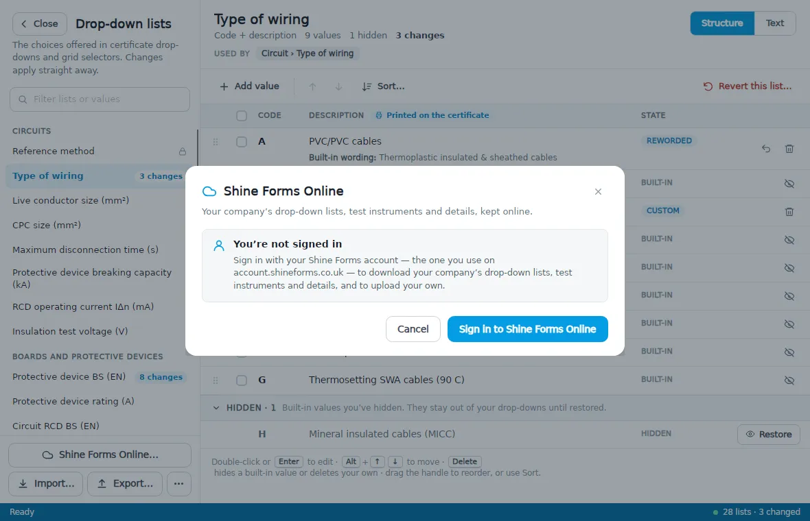Signing in to Shine Forms Online from the Drop-down lists manager