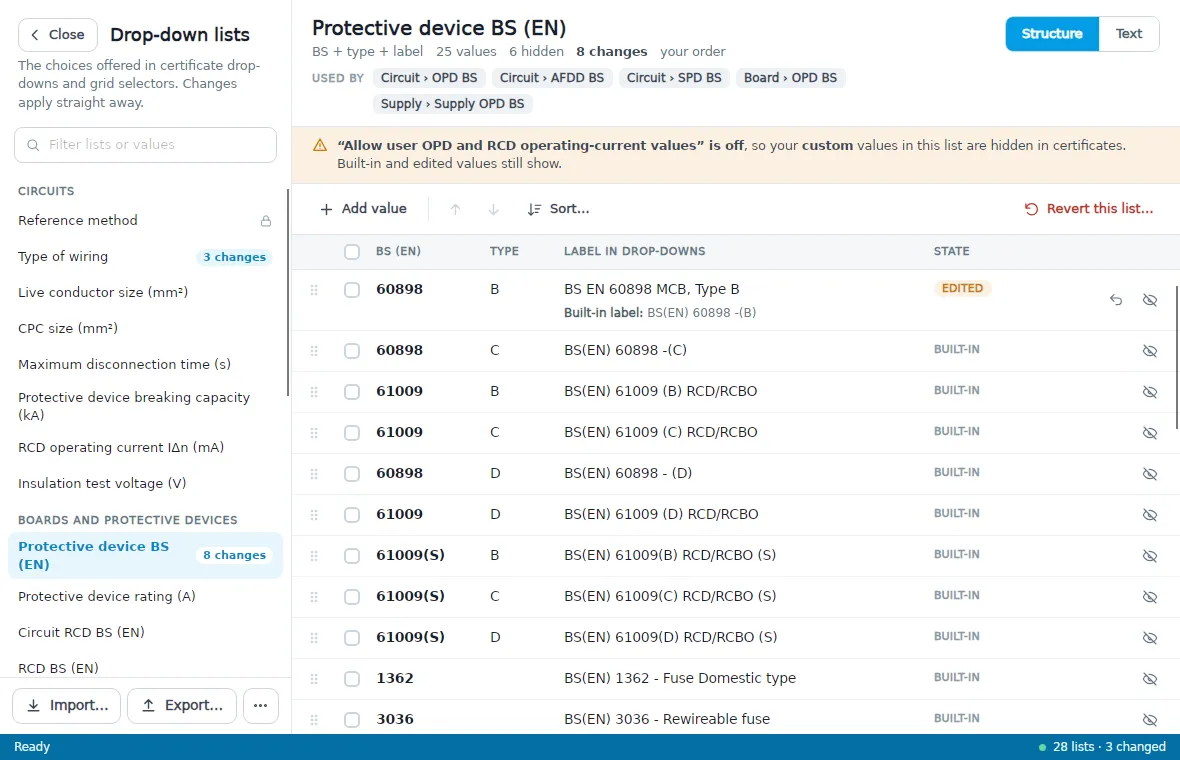 The Protective device BS (EN) list with an edited label and the banner for the OPD and RCD option