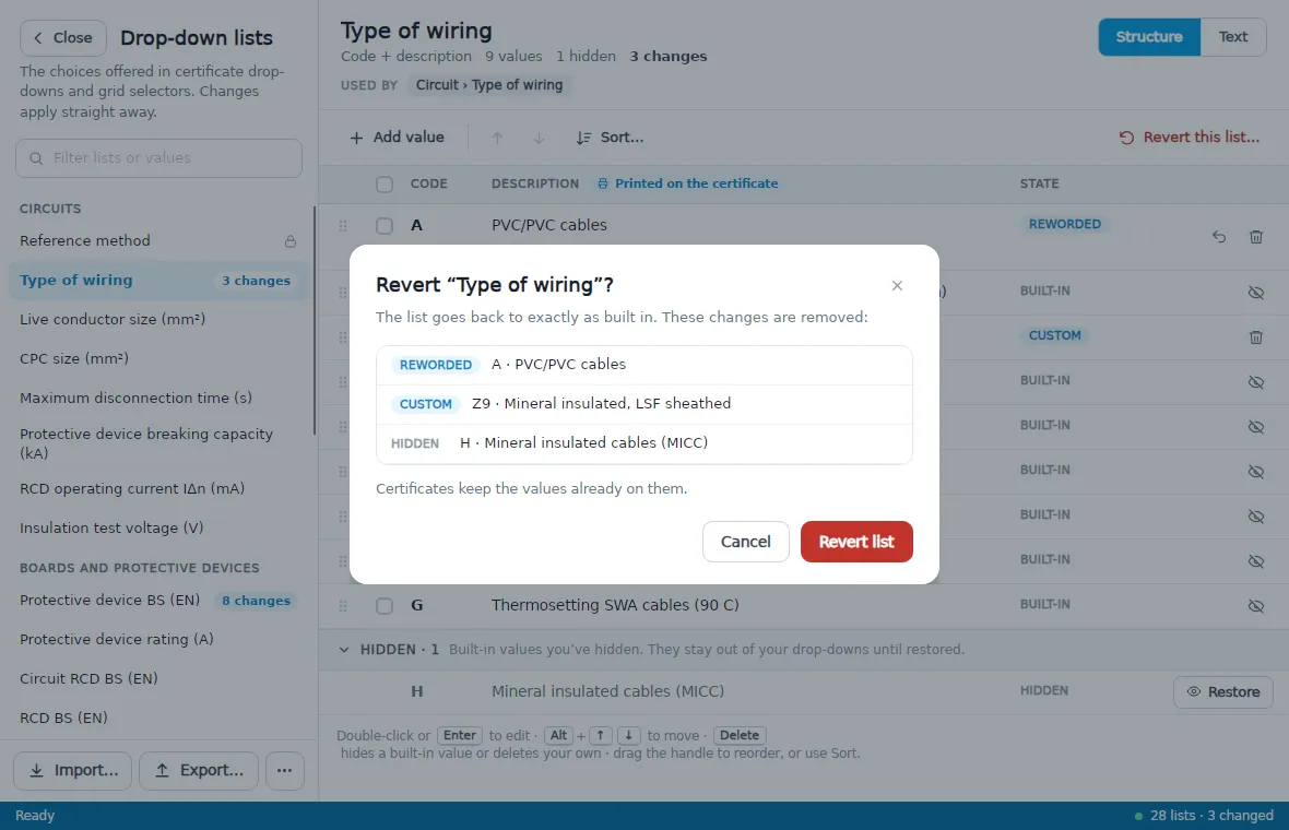 The Revert dialog listing the changes that will be removed from the Type of wiring list