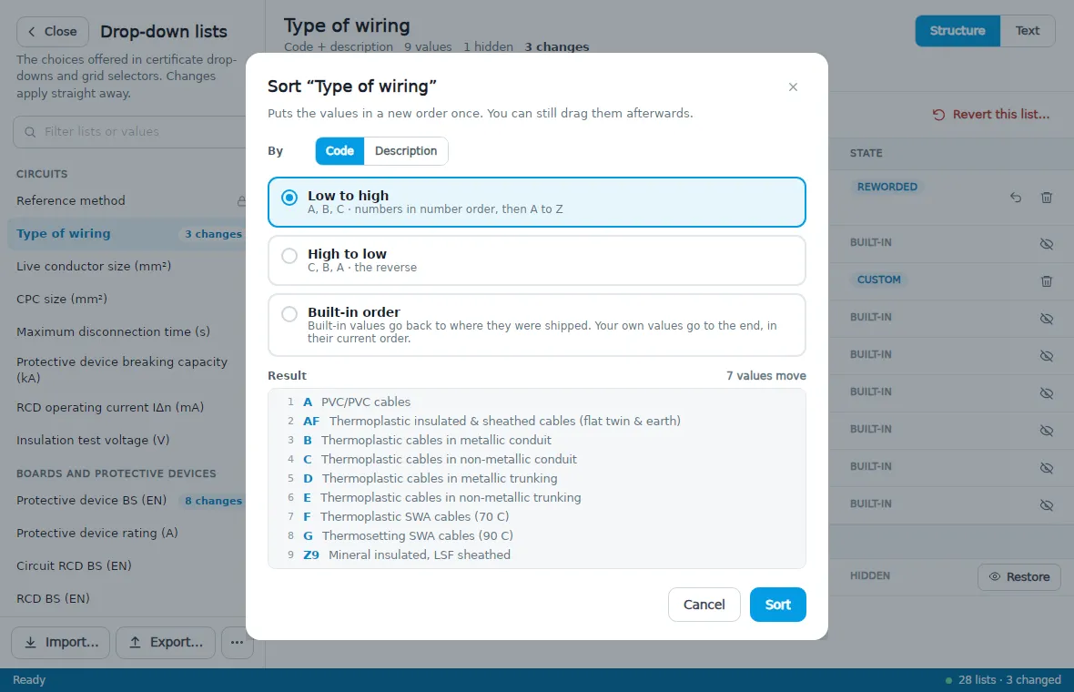 The Sort dialog for the Type of wiring list, sorting by code from low to high