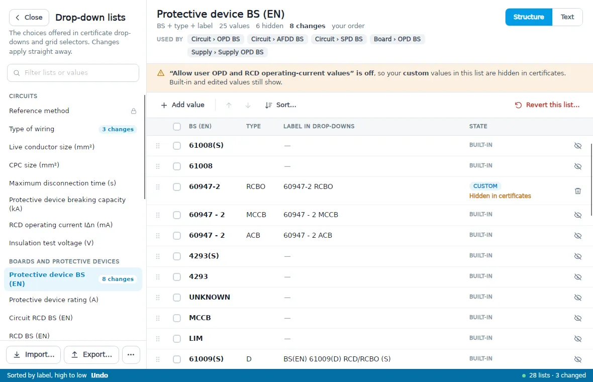The Protective device BS (EN) list after sorting, with Undo in the status bar