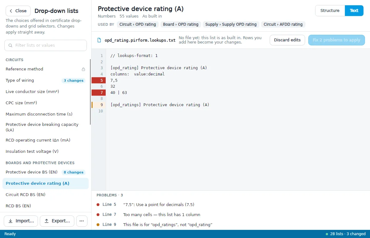 The Text view with three problems listed underneath
