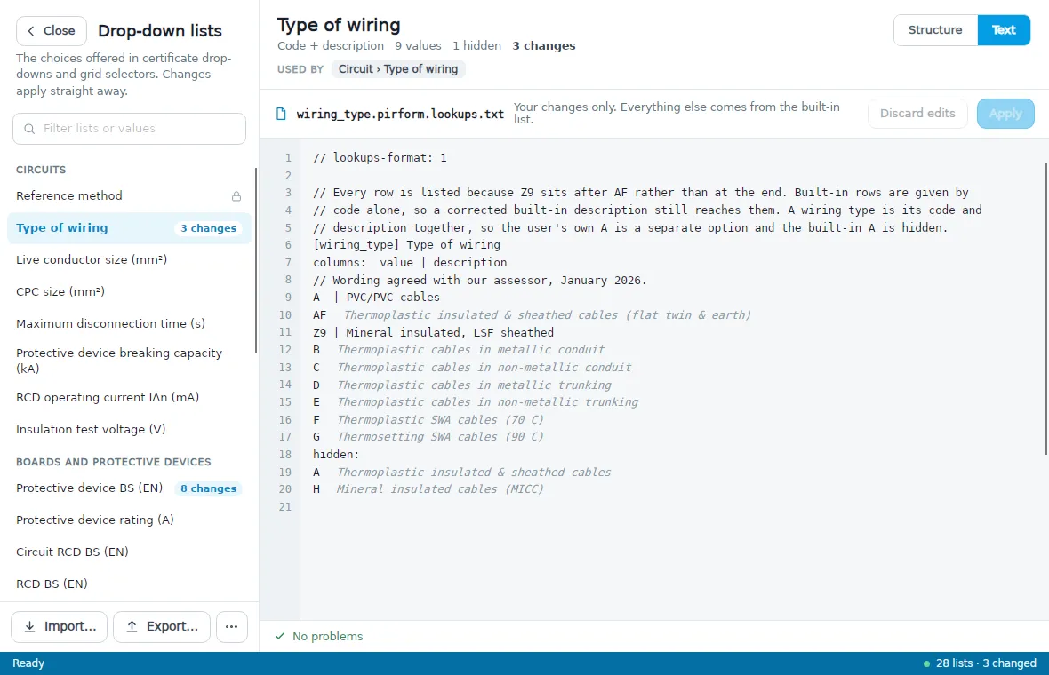 The Text view of the Type of wiring list