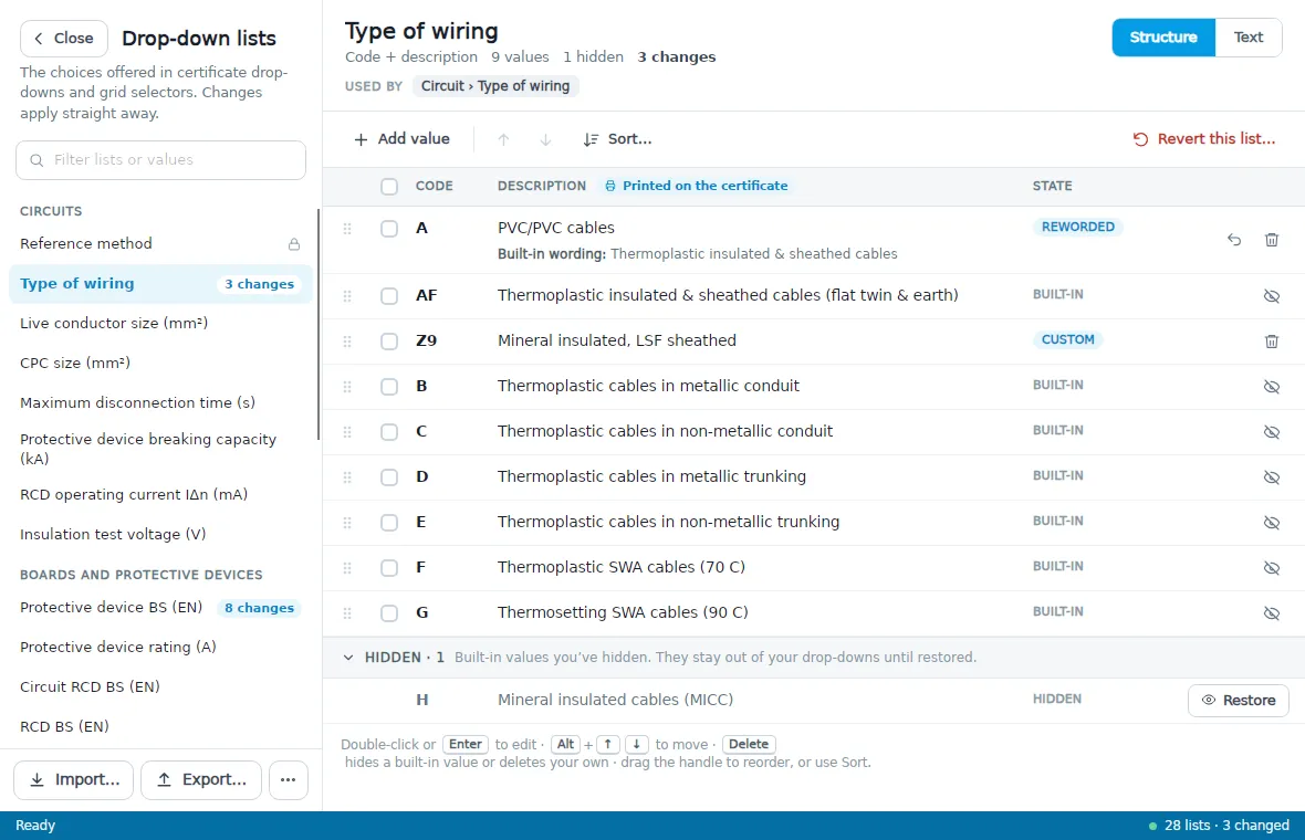 The Drop-down lists manager showing the Type of wiring list, with built-in, custom, reworded and hidden values