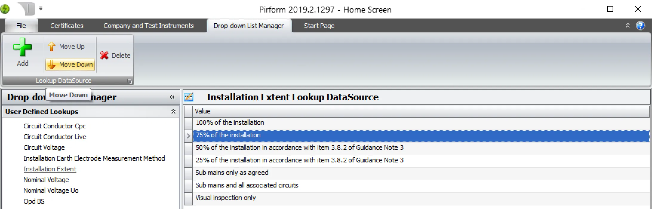 The Pirform ribbon showing the button that adds moves value down in a drop-down list