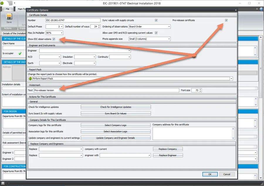 Certificate options showing pre-release